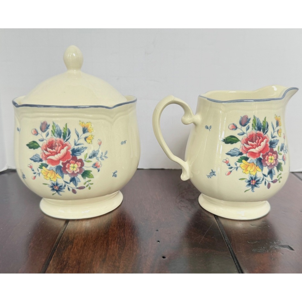 Table Mates Floral Cream and Sugar Set Pink Rose Blue Trim Ceramic Malaysia